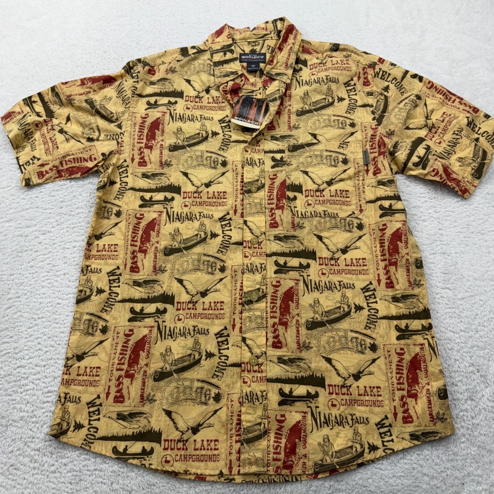 NWT Woolrich Men's M Beige Bass Fishing Canoe Niagara Falls Short Sleeve Shirt